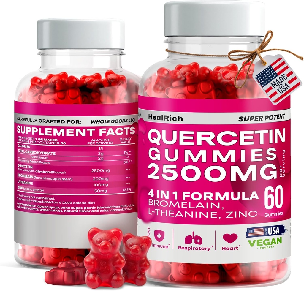 Quercetin Gummies - 2500MG con Bromelain, L-teanina & Zinc Vegan Integratore Immune per Bambini & Adulti - Allergy Relief & Lung Health