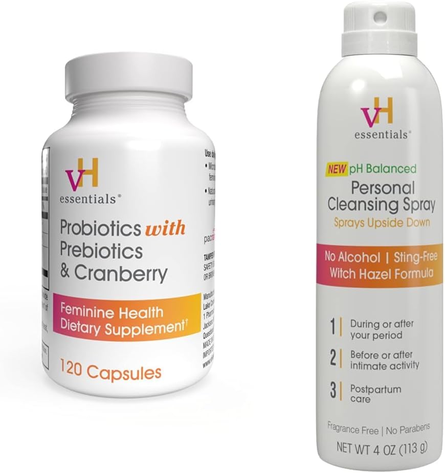 vH essenziali Probiotici con Prebiotici e Cranberry Feminine Salute Supplemento - 120 capsule e Personal Cleansing Spray Bundle