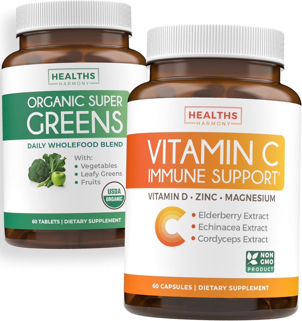 Super Greens & vitamina C (1-mese di alimentazione) Greens & C Synergy Bundle of Organic Super Greens Powder - Superfood completo (60 capsule) &amp; Vitamina C Immune Support (60 capsule vegetariane) (non OGM)