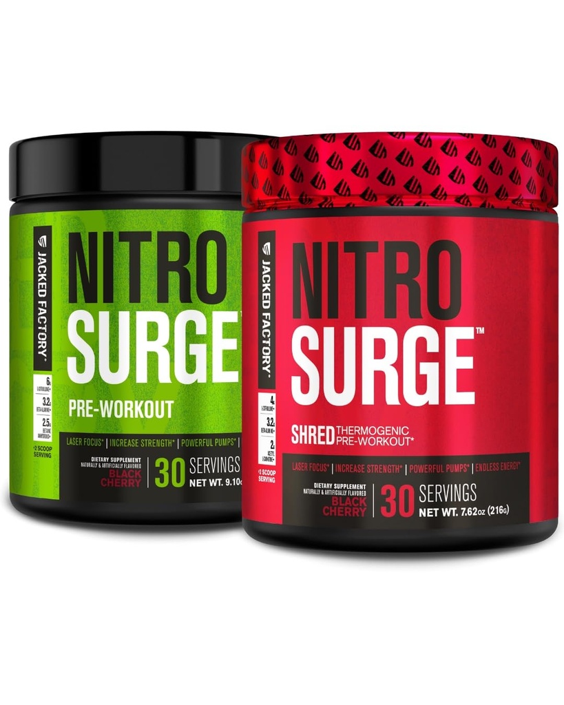 Jacked Factory Nitrosurge Pre-Workout in Black Cherry & Black Cherry Nitrosurge Shred Thermogenic Pre-allenamento per uomini e donne