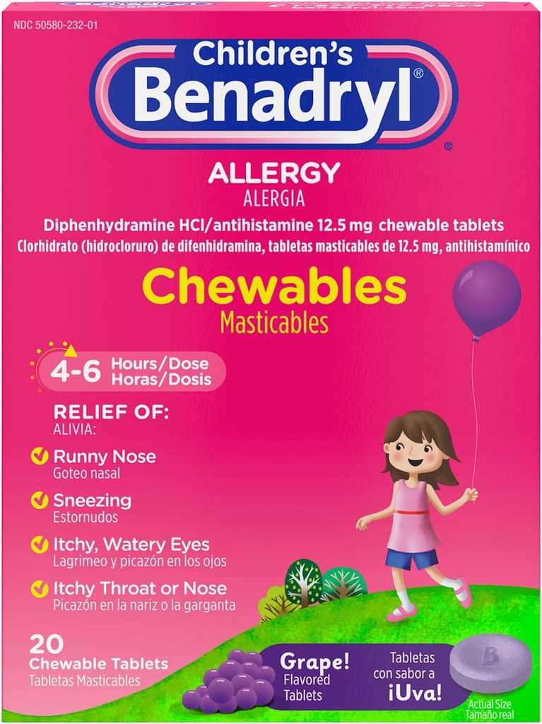 Benadryl Allergy Children's Medicine Chewables with Diphenhydramine HCl, Chewable Kids' Antihistamine Tablets for Relief of Allergy Symptoms Like Sneezing & Itchy Eyes, Grape Flavor, 20 ct