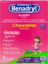 Benadryl Allergy Children's Medicine Chewables with Diphenhydramine HCl, Chewable Kids' Antihistamine Tablets for Relief of Allergy Symptoms Like Sneezing & Itchy Eyes, Grape Flavor, 20 ct