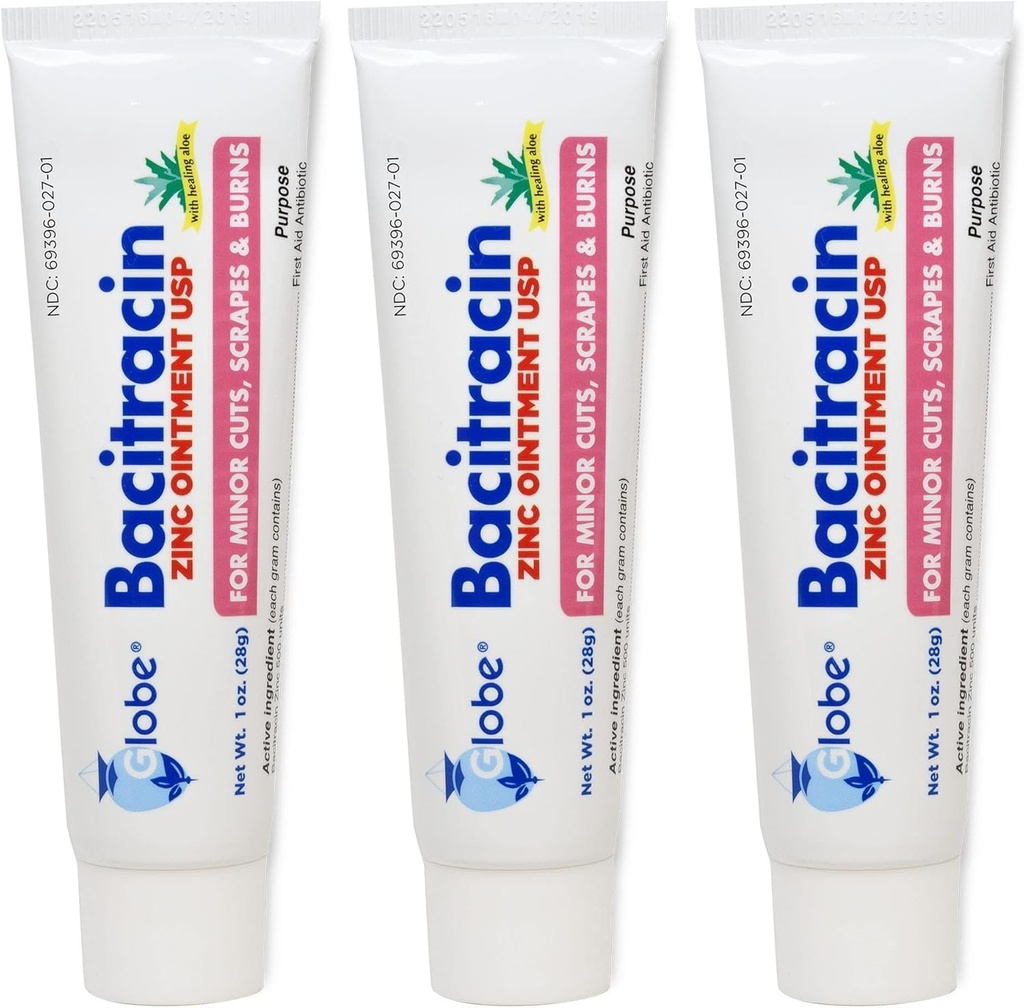 Globo (3 Pack) Bacitracin Zinc Ointment + Aloe 1oz - Antibiotico di massima resistenza per la guarigione dei tessuti - Soluzione medicata topica per tagli, ustioni, graffi - Infezione della pelle & First Aid Essentials
