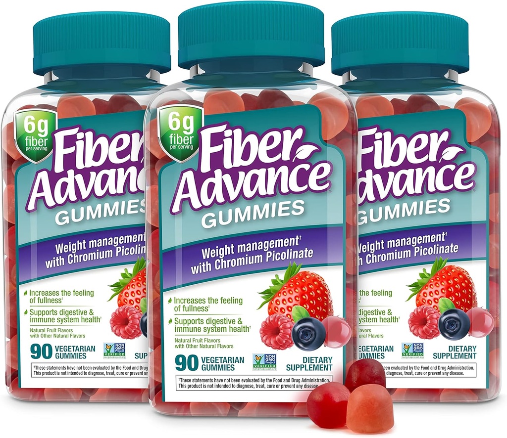 Fiber Advance Weight Management Gummies | Fibra a base di piante al 100% per il benessere digestivo e la salute del fegato | cromo picolinato per il supporto di gestione del peso (3-Pack)
