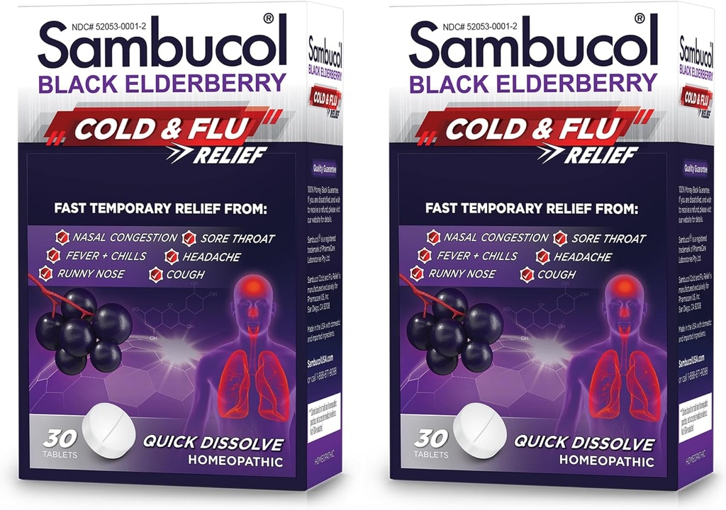 Sambucol Cold and Flu Relief Tablets - Medicina Fredda Omeopatica, Rilievo di Congestione del naso e del naso, Utilizzare per Runny Nose, Tosse, Rimedio Freddo per Adulti - Black Elderberry, 30 Count, 2-Pack