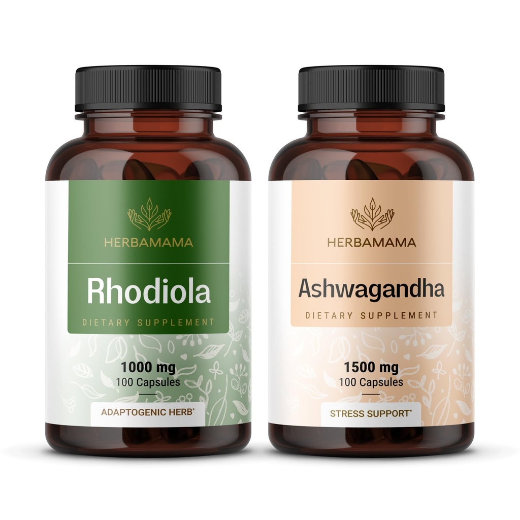 HERBAMAMA Rhodiola Rosea e Ashwagandha Kit - Bundle di 1000 mg Rhodiola Rosea Capsule &1500 mg Ashwagandha Root Capsule - Vegan, Non-GMO, Gelatin-Free - 2 Pack