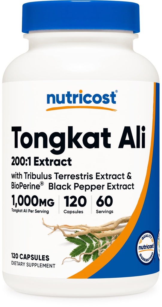 Nutricost Tongkat Ali 1.000mg 120 Capsule - con Tribulus Terrestris e BioPerine, Capsula Vegetariana, Non OGM, Gluten Free, Potente Estratto
