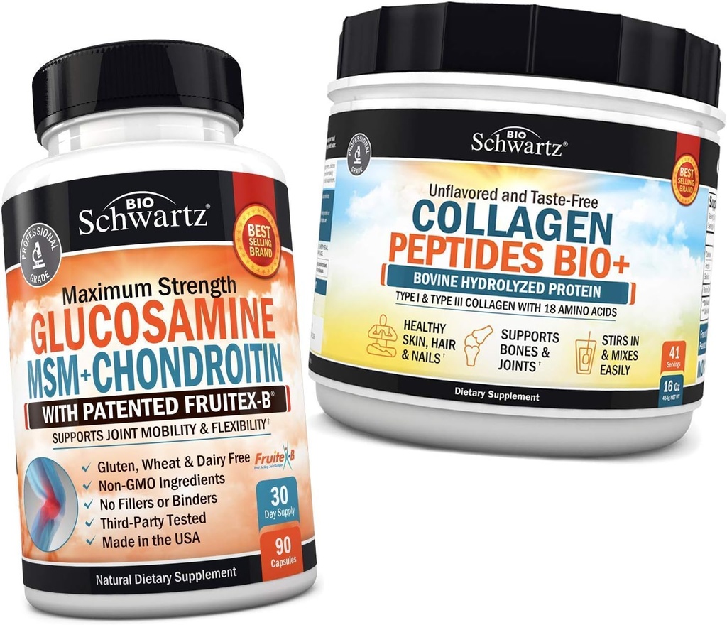 BioSchwartz Glucosamine Chondroitin MSM + Collagen Peptides Powder - Healthy Bone & Joint Support - Promuove Flessibilità & Support Cartilage