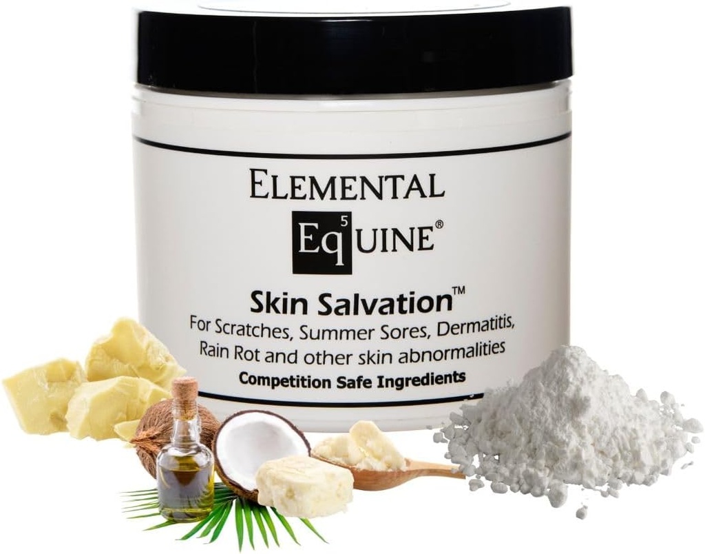 Salvazione della pelle dell'equino Elementale 4oz per i cavalli - Combatte i graffi, la febbre del fango, le gomme estive, la dermatite, il crudo estivo, il cannone Bone Gunk e le pelli di emissione simili in cavalli