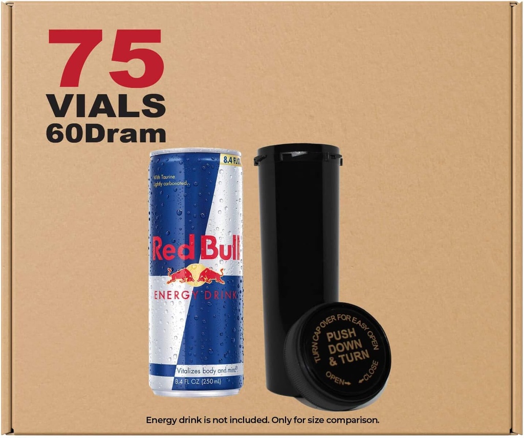 W Gallery 75 Nero 60 Dram Cap reversibile - Airtight Smell Proof Vials - Plastic Medical Grade Prescription Bottiglie per Pillole Erbe Fiori Supplementi, Bulk Pack, Non Vasi di vetro