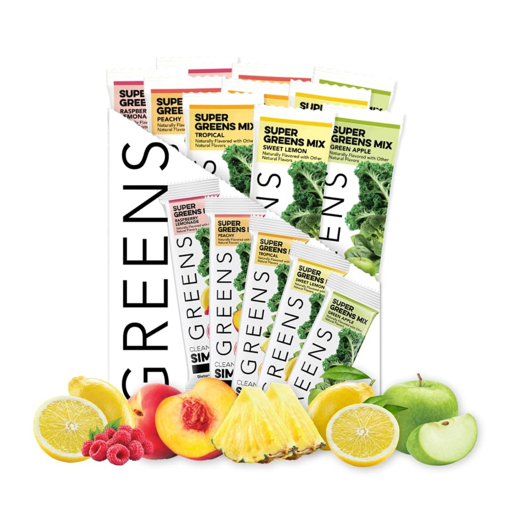 Clean Simple Eats Greens Variety 10 Pack, Greens Powder Mix, Packed with Superfoods Chlorella & Spirulina, Include 5 sapori deliziosi: Peachy, Green Apple, Raspberry Lemonade, Sweet Lemon & Tropical