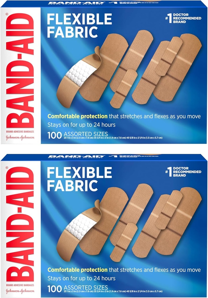 BAND-AID Bandaggi adesivi in tessuto flessibile con tessuto Memory-Weave, trapunta-Aid Comfort Pad & Hurt-Free Pad; Cura dei tessuti per tagli minori, graffi, & Wounds, dimensioni assortite, 2 x 100 Conte