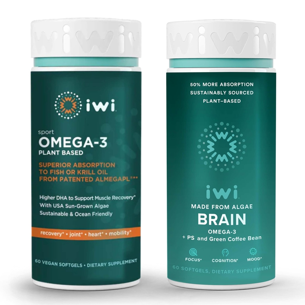 iwi Omega-3 Sport & Cervello Omega-3 Bundle, 30 Serve, Vegan pianta-Based Algae Omega 3 con EPA + DHA, Krill & Fish Oil Alternative, No Fishy Aftertaste