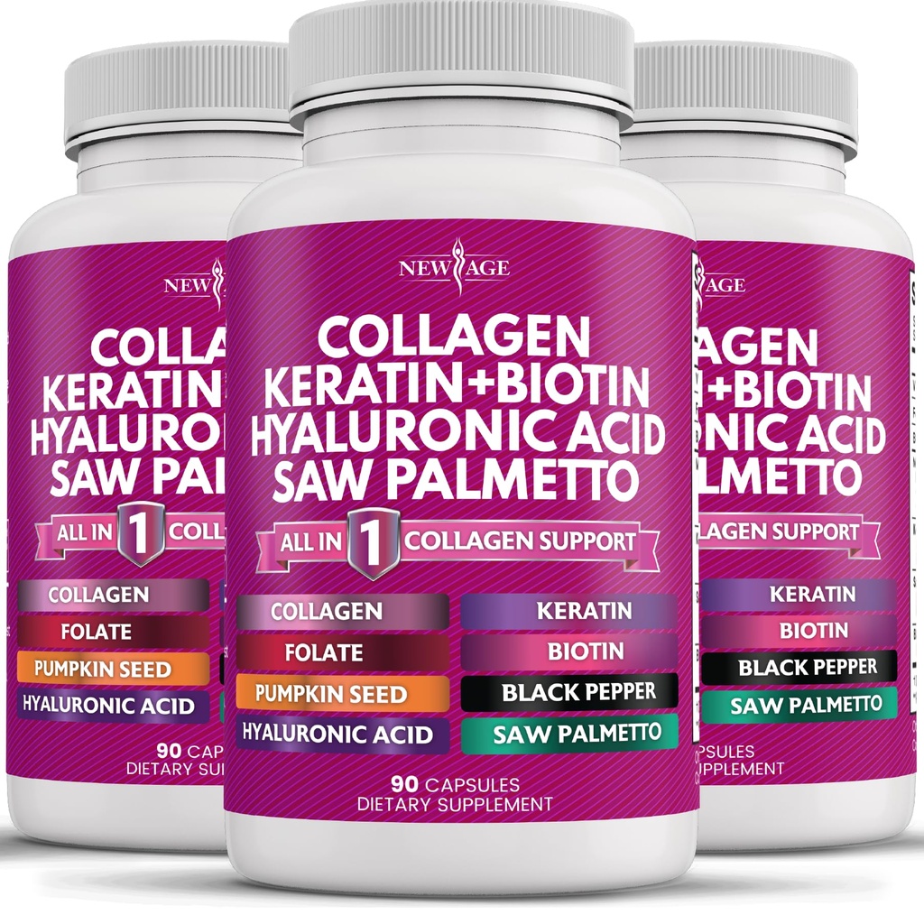 NUOVO AGE Collagen Pills Biotin Keratin Saw Palmetto Acido Ialuronico- Vitamina E Folic Acid Pumpkin Seed MSM- 270 Count