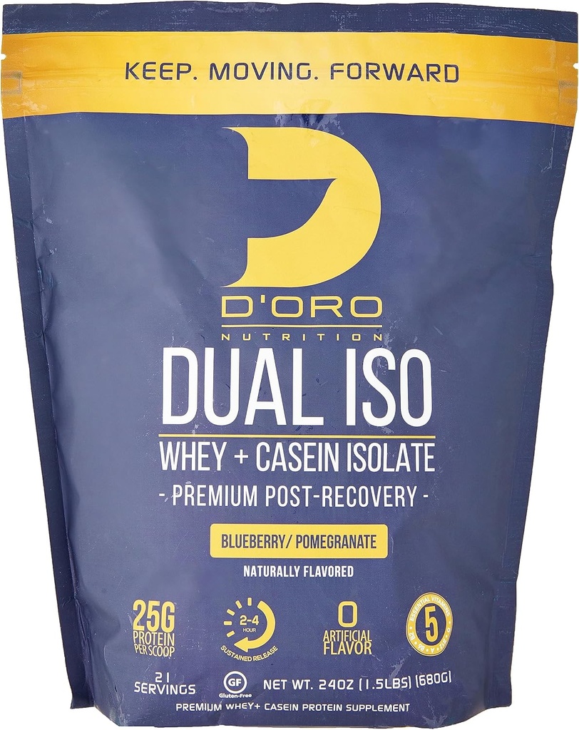 Doppia ISO Whey & Casein Isolate Protein Powder - Blueberry & Pomegranate Flavor - Premium Post Recovery Protein Powder - 27G of Protein Per Scoop