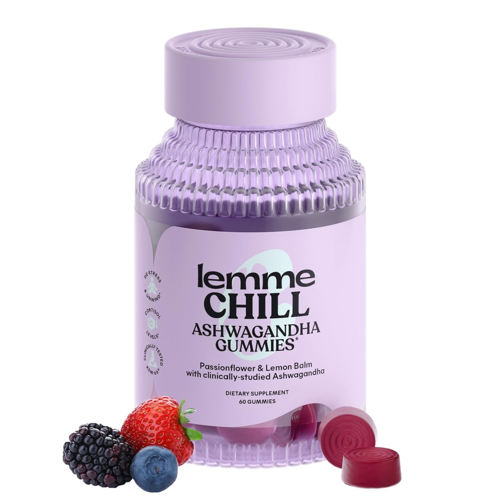 Lemme Chill Stress Relief Gummiess con 300mg KSM-66 Ashwagandha, Lemon Balm, Passionflower & Goji per sostenere il relax, sana Cortisol & Sonno - senza glutine, non OGM, bacche miste (60 Conte)