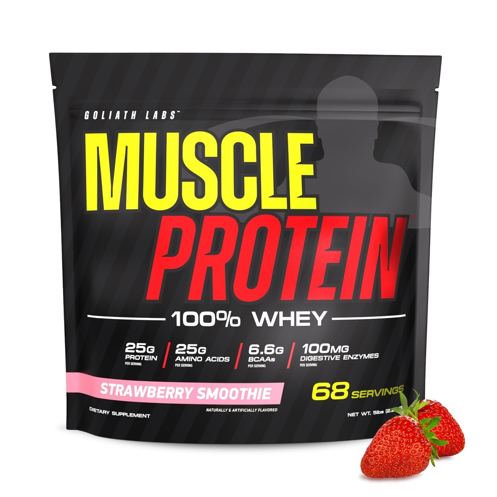 COLOSSAL LABS Muscle Protein Whey Powder [5 lbs/Pack of 1]– Filtro a freddo, 25g Proteine Pure, 6.6g BCAA (Packaging May Vary) (5LB, Fragola)