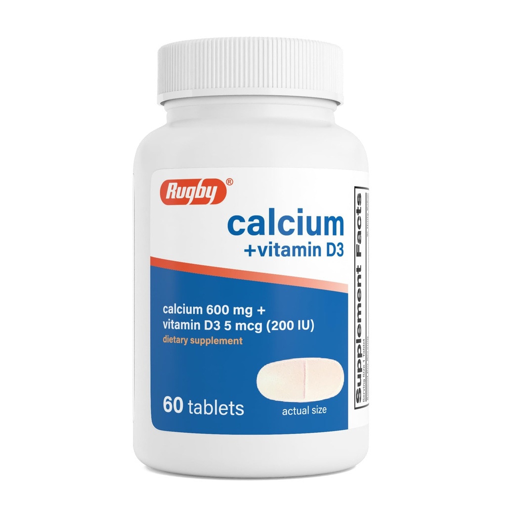 Rugby Calcium 600 mg compresse con vitamina D3 200IU (5 mcg) - Integratore alimentare giornaliero senza glutine di vitamina D per la salute e l'assorbimento del calcio, 60 conte (1 confezione)