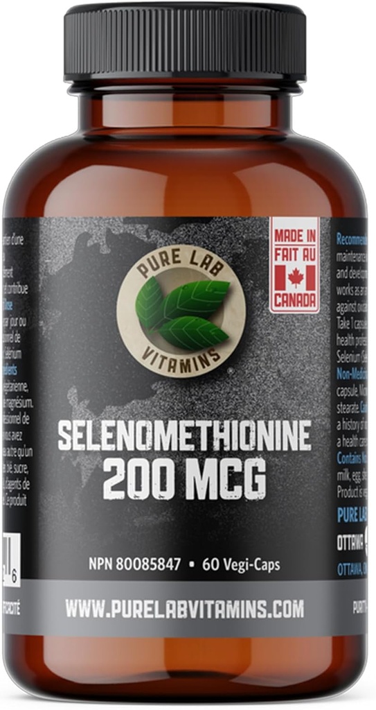 Selenium 200mcg Supplemento - Selenomethionine - 60 v-caps di Pure Lab Vitamins - Gluten Free Made in Canada.