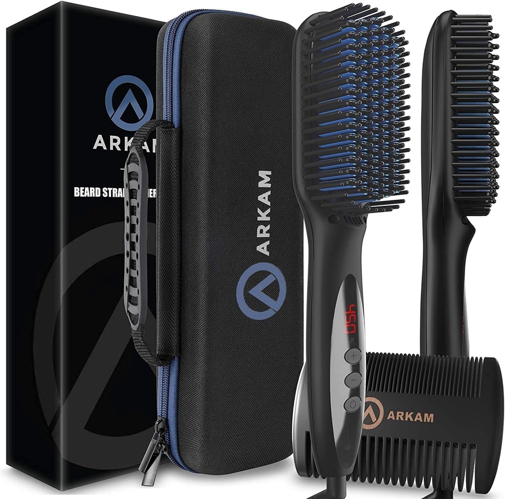 Arkam raddrizzante del cuscinetto per gli uomini -Premium Kit di spazzole riscaldato del cuscinetto w / Anti-Scald caratteristica, doppia azione Hair Comb e Hard Shell caso di viaggio per i cuscinetti medio-lungo - Costume e Grooming Gifts per gli uomini