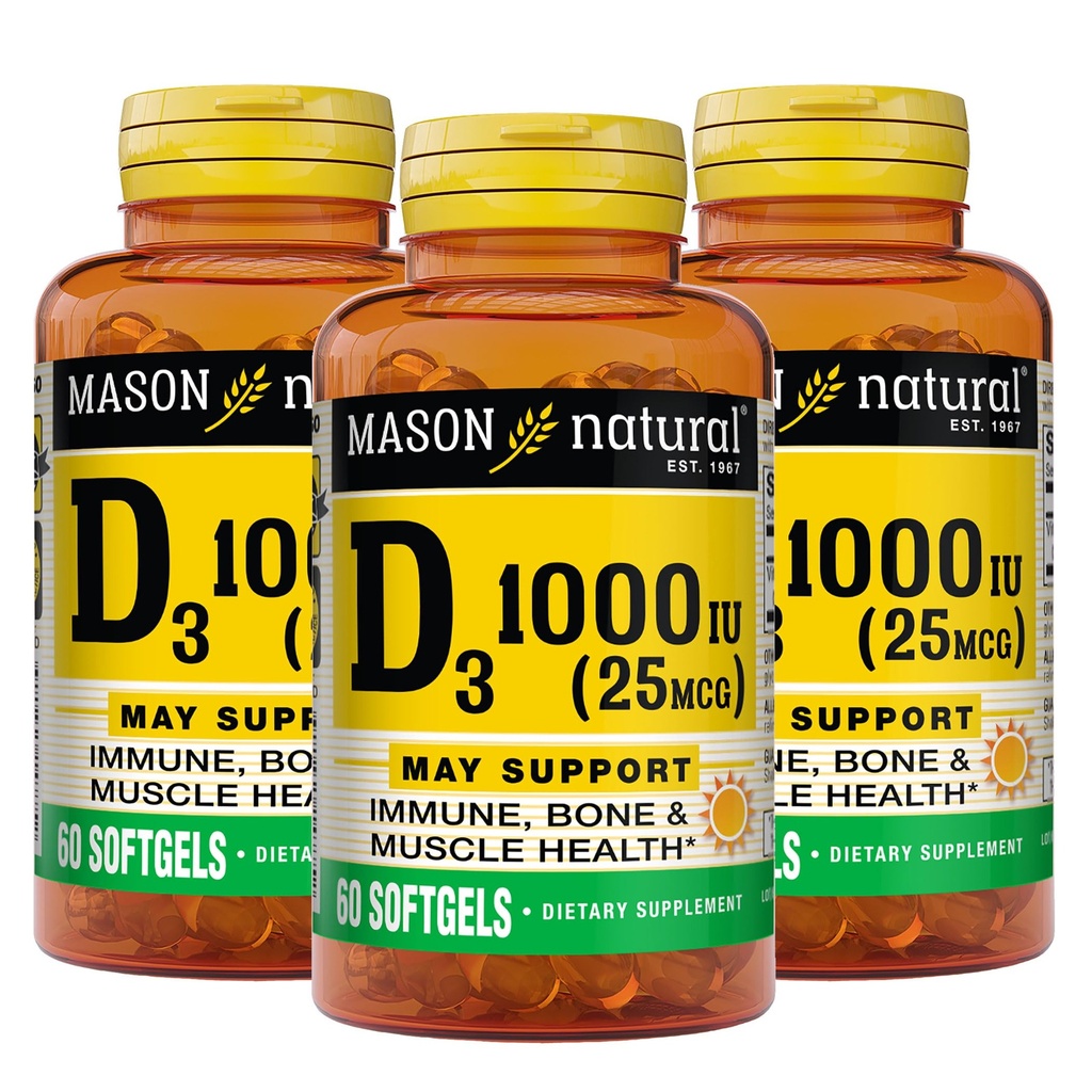 MASON NATURAL Vitamina D3 25 mcg (1000 IU), Bone e supporto immunitario, da Fish Liver Oil, 60 Softgels (Pack of 3)