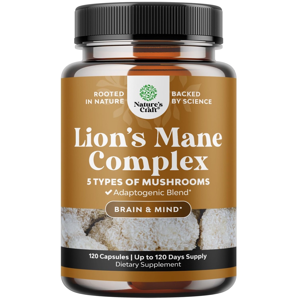 Advanced Lion's Mane Mushroom Supplement - Lions Mane Supplement Capsule con Reishi, Chaga, Maitake & Shiitake per il supporto della memoria della salute del cervello & Focus - Nootropic for Mental Clarity - 120 Caps