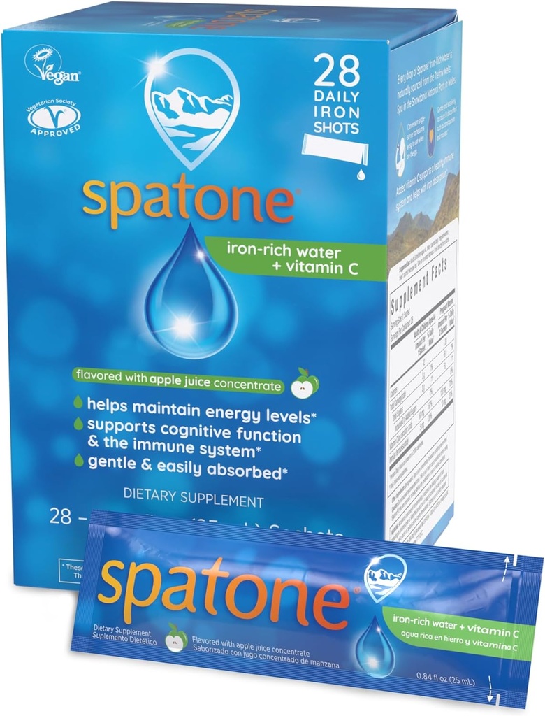 Spatone Natural Liquid Iron Supplement Plus VIT C per le donne - Men & Kids Età 4+ - Ideale durante la gravidanza - Facilmente assorbito & Gentle - Vegan - Apple Flavor - 28-Day - 5mg di Ferro Per 20mL Sachet