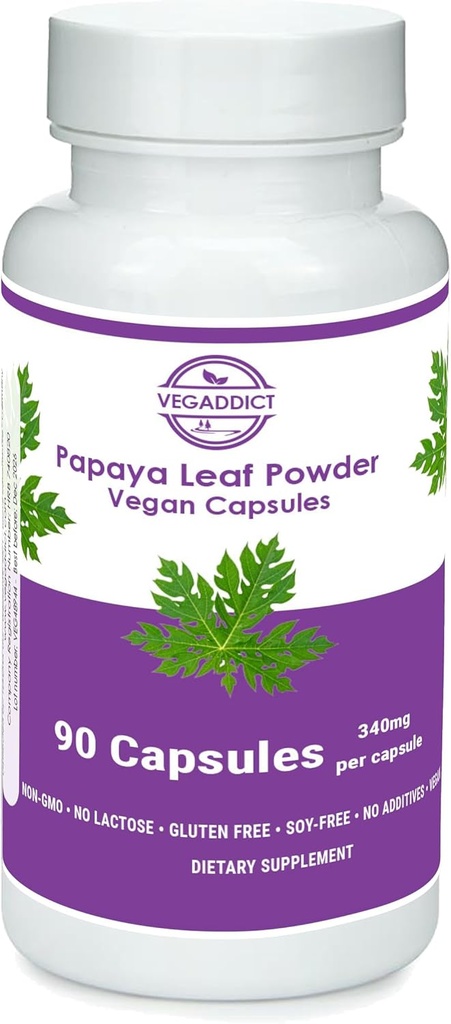 Papaya Leaf Powder | 340mg Capsule | ethycally sourced | Supporto Platelet | Gluten & Lactose Free | Soy-Free | No Additivi | Non OGM | Vegan | Supplemento nutrizionale | Integratore alimentare (90X)