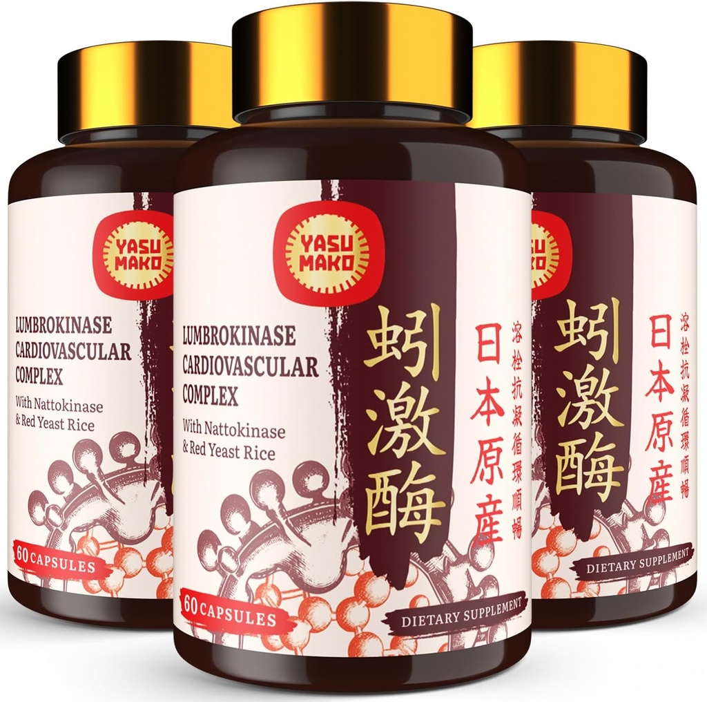 Lumbrokinase 100mg (Max Activity 1,000,000 LKU),Nattokinase 100mg-2,000 FU di attività e Red Yeast Rice 300mg, Lumbrokinase Enzymes Supplemento per Circulatory,Cognition,180 Capsule (Pack of 3)