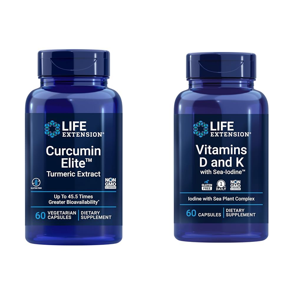 Estensione di vita Curcumin Elite Estratto di curcuma, promuove una risposta infiammatoria sana & vitamine D e K con Sea-Iodine, vitamina D3, vitamina K1 e K2