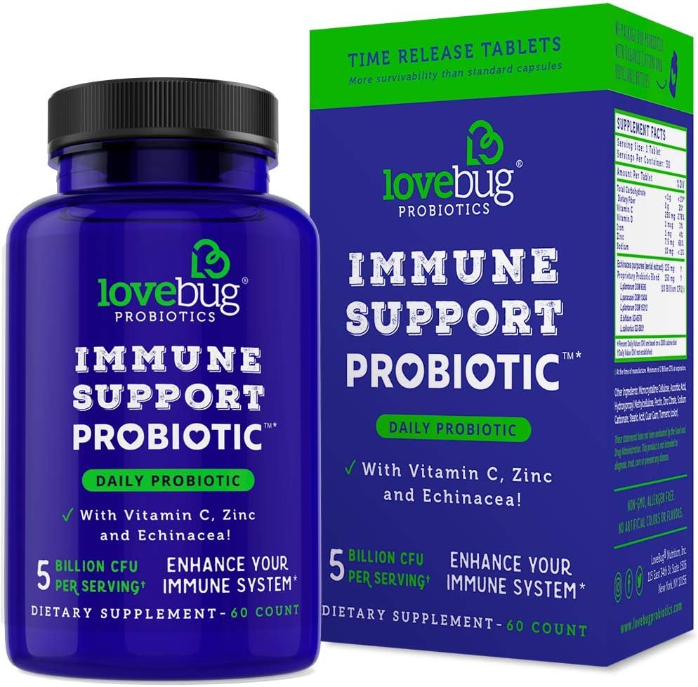 lovebug PROBIOTICS Supporto immunitario Probiotico giornaliero per uomini e donne, 40 miliardi di CFU & 6 Strains, Include vitamina C, Zinco & Echinacea, 30 capsule, Vegan & Non OGM