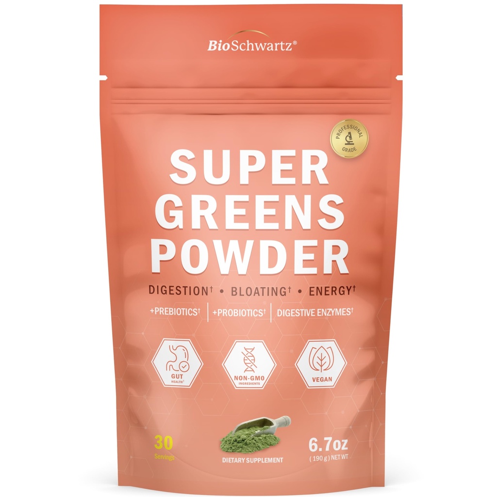 BioSchwartz Greens Polvere Super Greens con Probiotici, Prebiotici, Enzimi Digestivi & 43 Superfood Verdi - Chlorophyll, Bilberry, Chlorella, Spirulina - Tastes Amazing - 30 Servings
