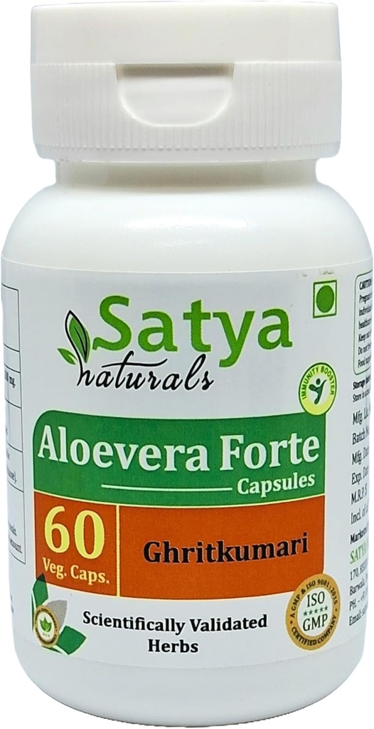 Aloevera Forte Capsule 500 mg. 60 Veg. Capsule Aloevera (Ghritkumari) Estratto di capsule per uomini e donne | Un mese di fornitura | Ayurvedic Herbal Supplement/Rimedies (1 Bottiglia di 60 capsule)