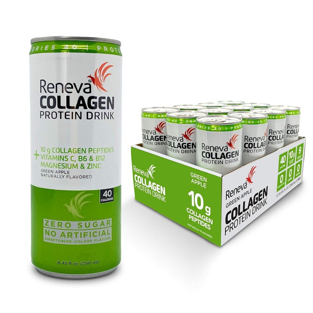 Reneva Collagen Protein Drink - 10g Peptidi del collagene, Elettroliti, B-Vitamins, Zinco e Zucchero Zero (Mela Verde)
