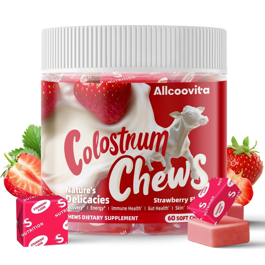 Bovine Colostrum Chews Supplemento con probiotici per la salute del fegato, Bloating, supporto immunitario, pelle, crescita dei capelli e bellezza - aroma di fragola (60 Serve)