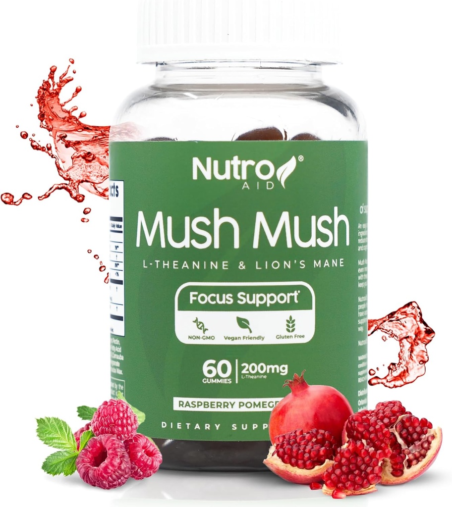 Lions Mane Supplement - Mushroom Gummies - Mush Mush Genius Mushrooms Magic Mind - Promuove il fuoco con L-teanina & Lions Mane - Raspberry & Pomegranate Flavor per Perk Energy - 60 Gummies