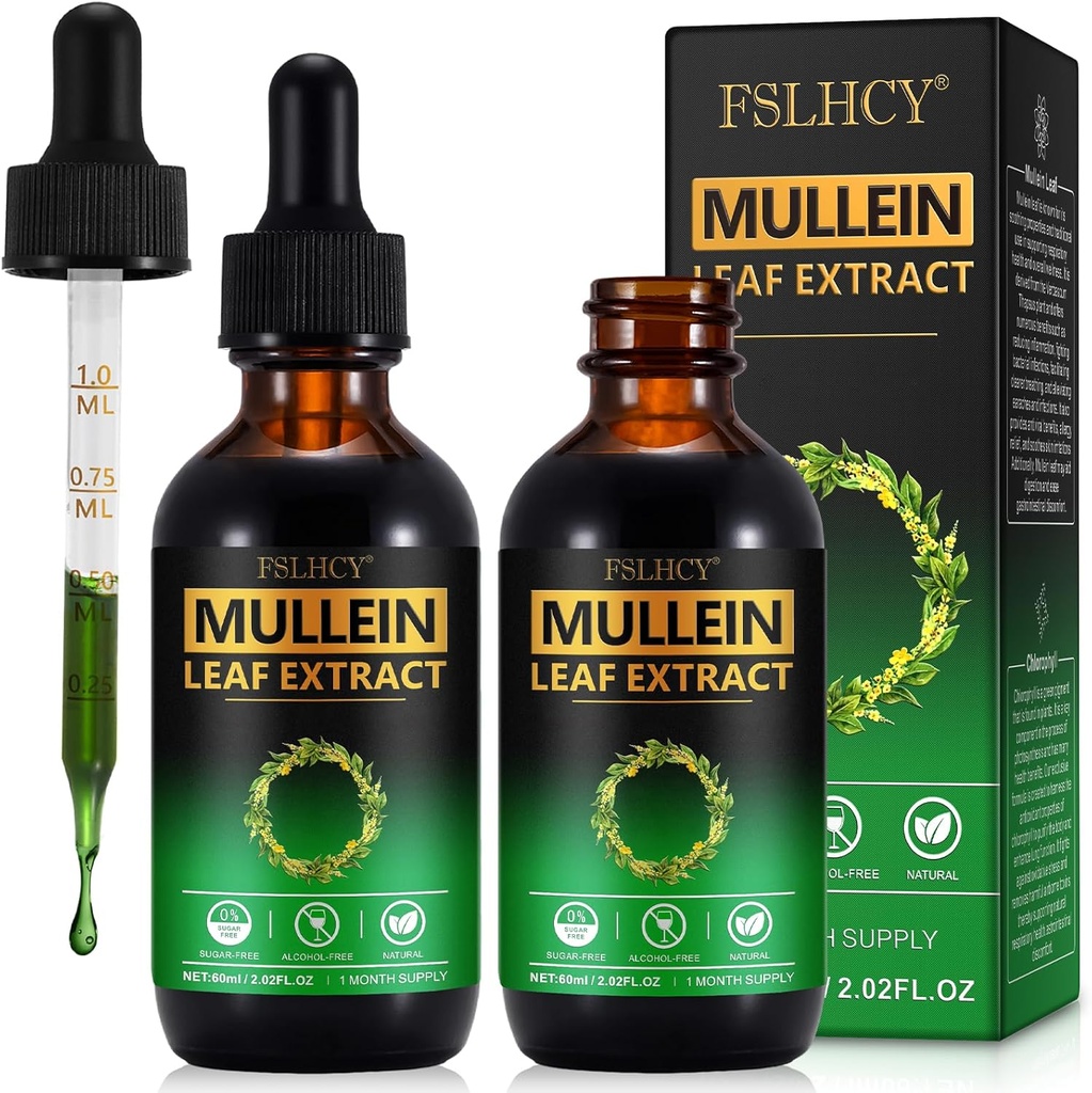 Gocce di Mullein, Estratto di Foglia di Mullein, Integratore di erbe della foglia di Mullein Organic, Senza Additivi Estratto di Mullein Gocce 2 fl Oz, 2 Pacchetti