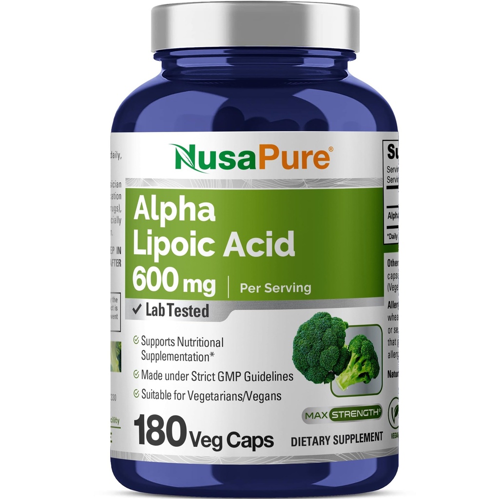 NusaPure Alpha Lipoic Acid 600 mg per Serving 180 capsule vegetali (Vegetarian, Non OGM, Vegan)