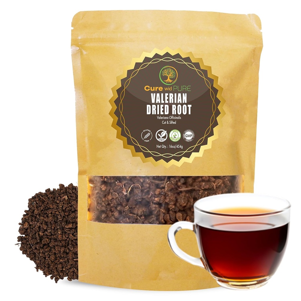 Cure wid Pure Organic Valerian Root Tea - Cut,Sifted & Non-Irradiated Valerian Tea Promuove Natural Relaxing Sleep - Te De Valeriana officinalis in Resealable Eco Friendly Pouch 16oz
