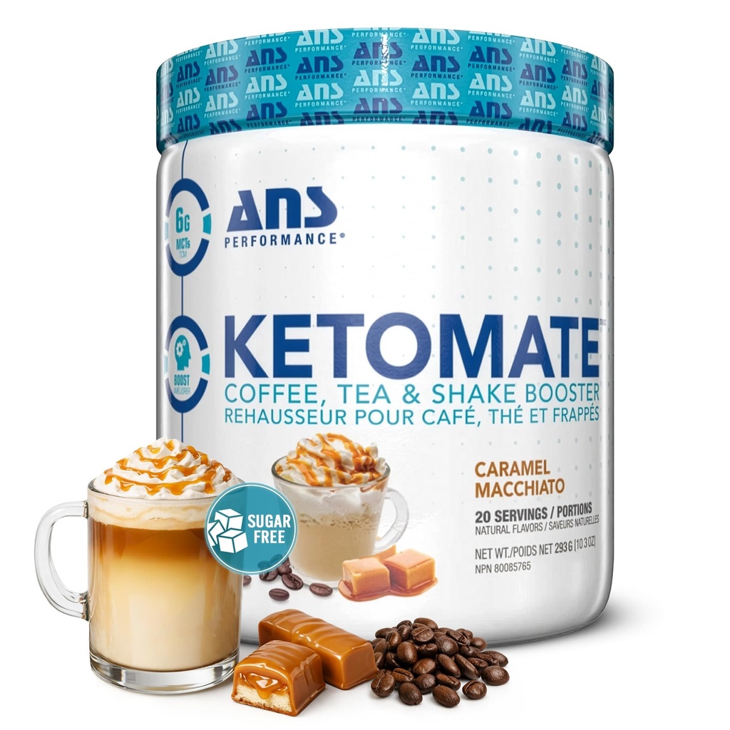 Crema di caffè Ketomate Performance ANS con polvere di olio MCT, Delizioso, Crema senza zucchero per il caffè, Tea & Shakes, Polvere perfetta di energia Keto, 20 porzioni, 15oz, Caramel Macchiato