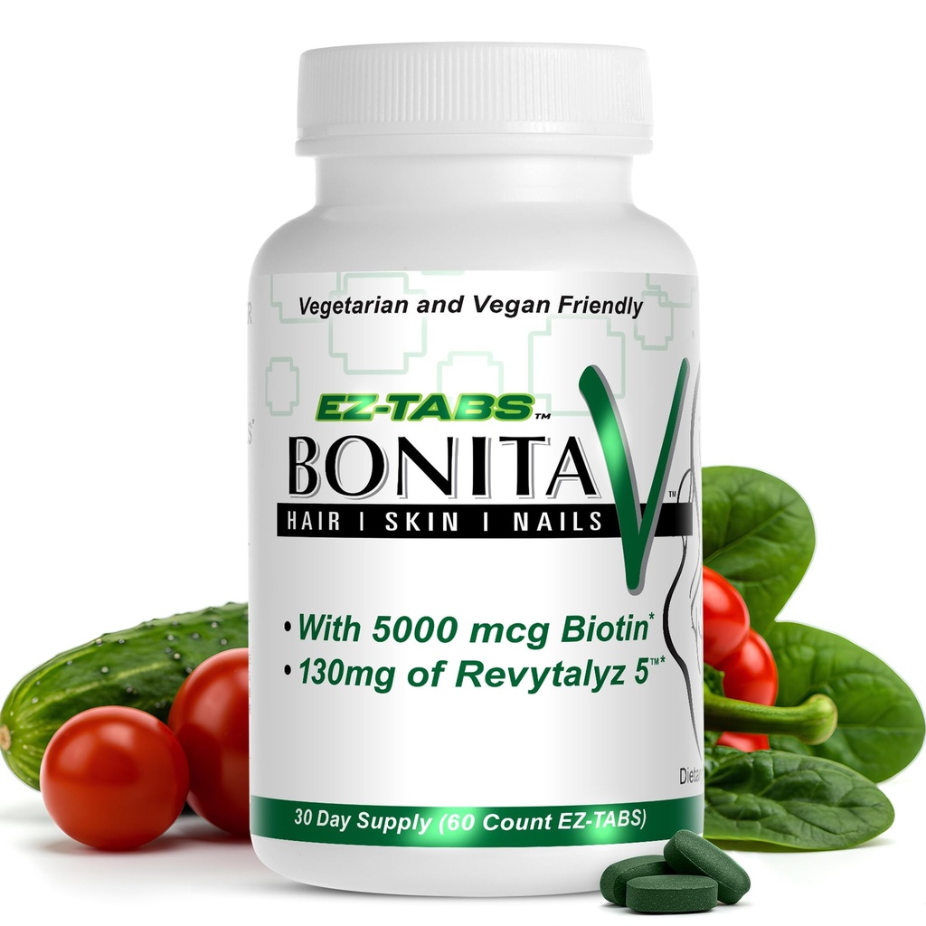 Sorgente essenziale Bonita V Vegan Hair Nails e Vitamine per la pelle per le donne - 20 Ingredienti attivi Compresi Biotina - Unghie più forti, Pelle sana, Crescita dei capelli - 60 Tavole EZ-TAB Veggie