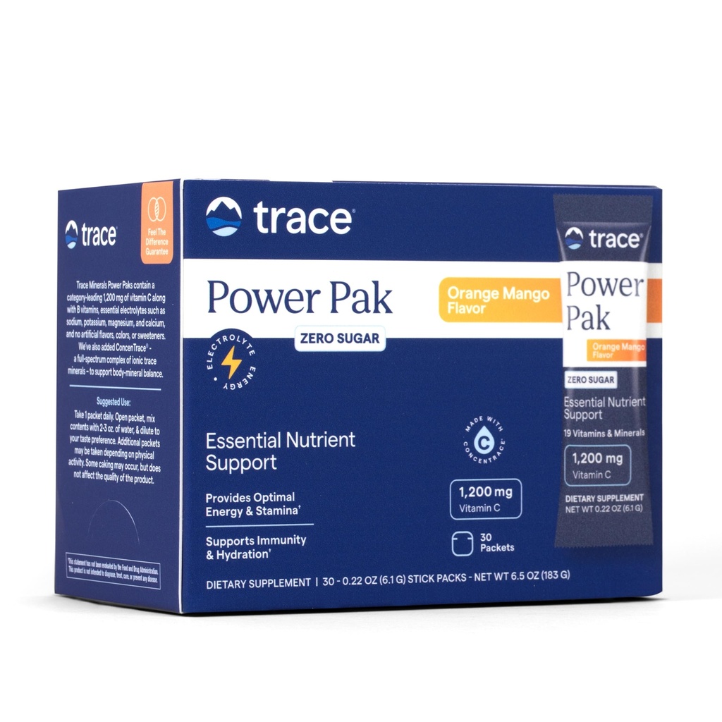 Trace Minerals Power Pak Multivitamin e Multimineral Packets - Electrolyte Support - 1200 mg Vitamin C Plus 70 Sugar Free - Arancione Mango Flavor - 30 Packets