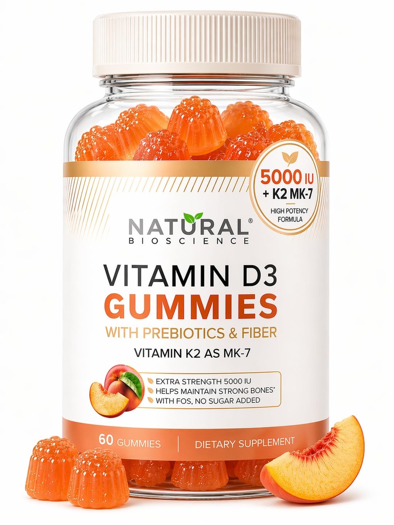 Zucchero Vitamina D3 K2 Gummies - Vitamina D3 Gummies 5000 IU+K2 MK7 80 mcg, K2 D3 Vitamina Supplemento Adulti, Vitamina D K2 per Bones, Immune, Cuore, Mood, Senza Glutine, Non OGM, Natural Peach Flavor