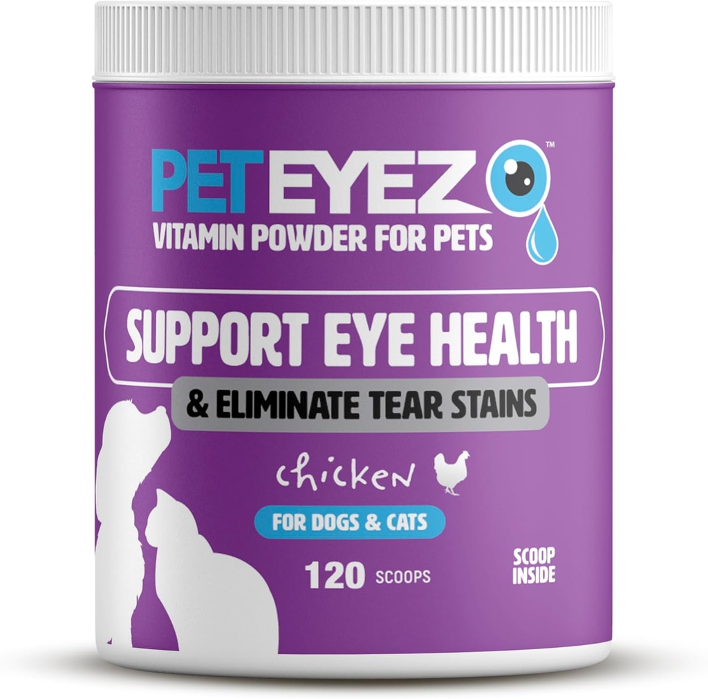 Pet Eyez Vitamin Powder per gli animali domestici - Supporta la salute degli occhi e riduce il trucco della pancia - 100% Topper naturale per cani e gatti con superfood, antiossidanti e nutrienti - Pollo Flavor - 120 Scoops