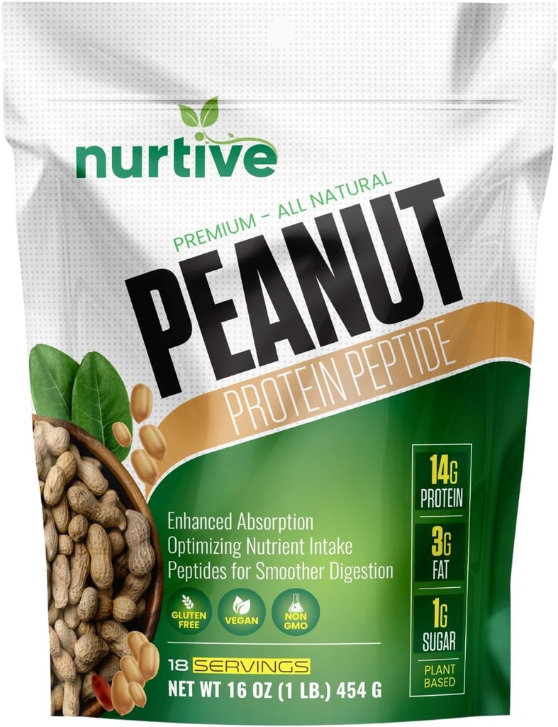 Peanut Protein Peptide Powder - Basato sulle piante, Ricco in Nutrienti & Fibra - Ideale per atleti e appassionati di fitness - Solubilità e assorbimento potenziati - 18 Serve (16 oz / 454 g)