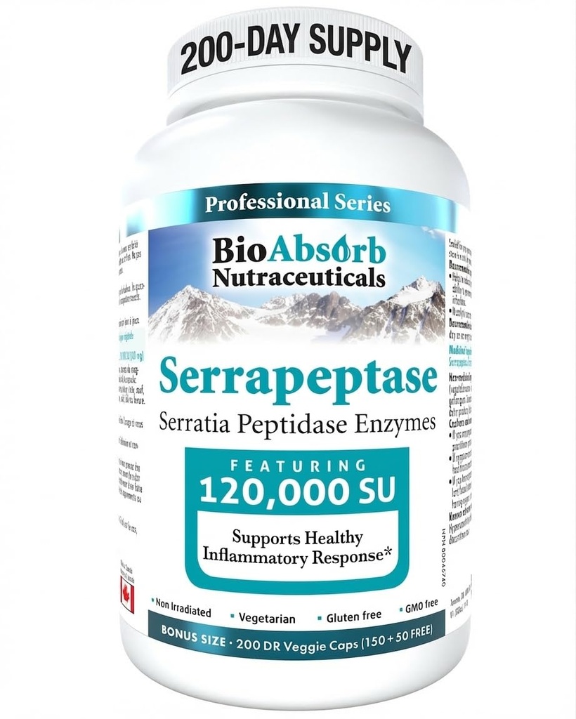 Bio assorbente Serrapeptase Enzyme, ad alta potenza 120000 unità (SPU), alimentazione di 200 giorni, rilascio ritardato capsule vegetariane (DRcaps) per l'assorbimento massimo