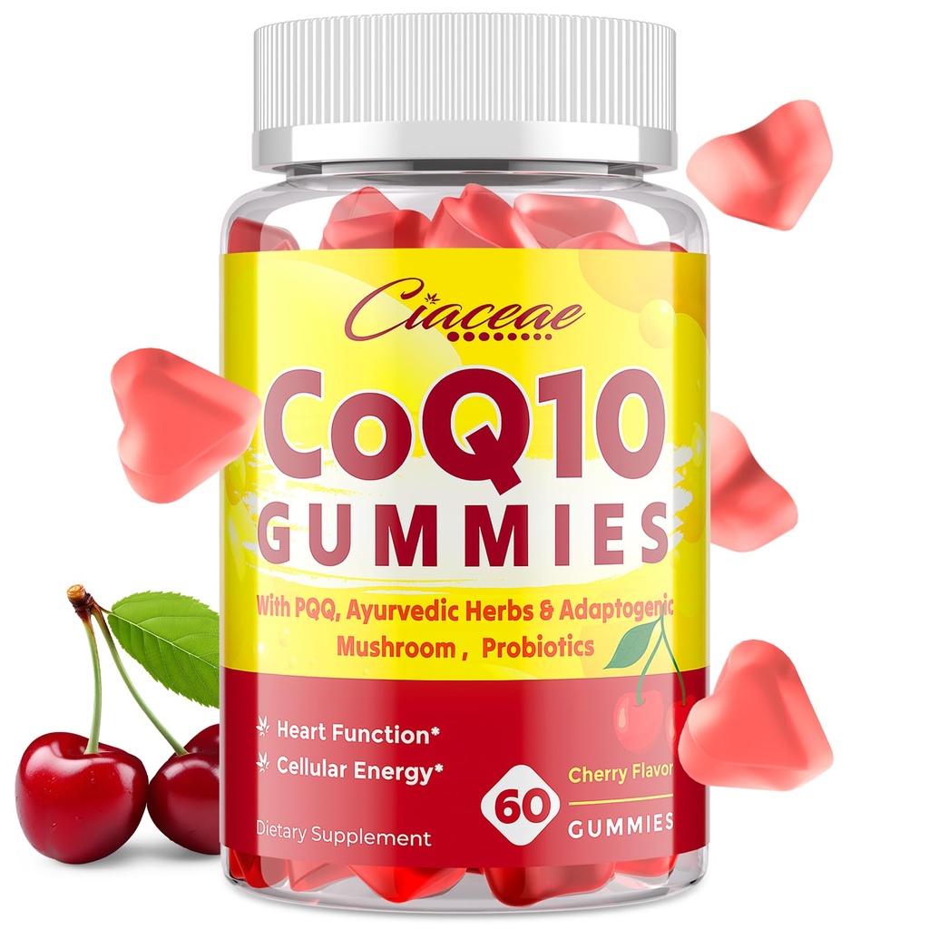CoQ10 Gummies con PQQ - 400 MG Coenzyme Q10 alta potenza, potenziato con erbe ayurvediche, adaptogenic Mushroom Blend & Probiotics per cuore, cervello, energia, immunità, Cherry Flavor, 60 Vegan Gummies