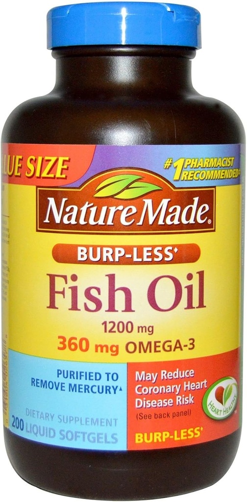 Natura fatta Burp-Less Fish Oil 1200mg, 360mg Omega-3, Liquid Softgels 200 ea (Pack of 2)