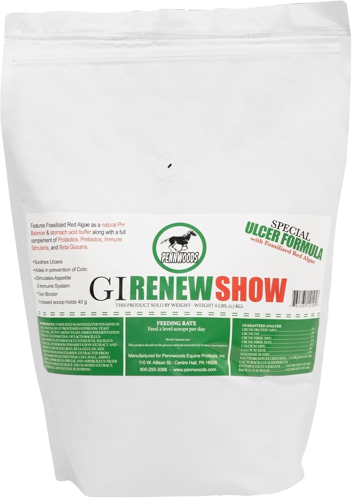 Pennwoods GI Renew Show, Probiotics for Equine, Immune e Appetite Stimulation, Prebiotics, Enzimi Digestivi | Supplemento di Cavallo Fornire Ulcer Rilievo e Trattamento, Binder Tossina Organica, 6 LB Bag