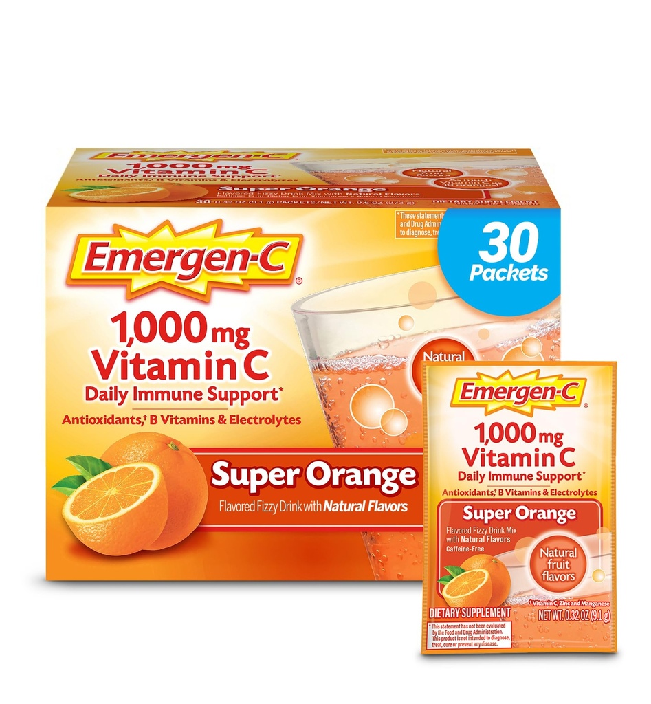 Polvere di vitamina C di Emergen-C 1000mg per il supporto immunitario giornaliero della caffeina Integratori di vitamina C con zinco e manganese, vitamine e elettroliti B, super aroma arancione - 30 conte